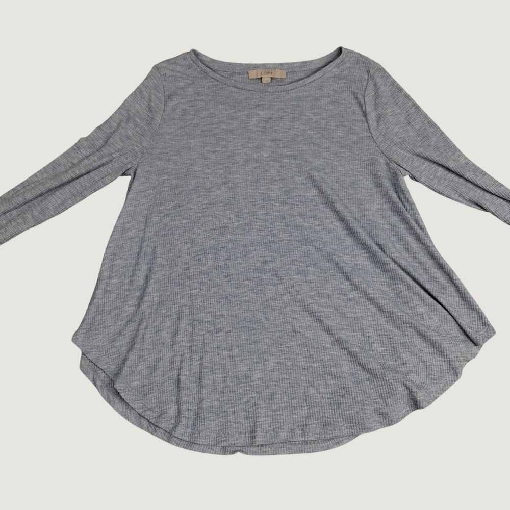 LOFT Ribbed Knit Top Womens Large Blue Gray Long Sleeve Swing Curved Hem